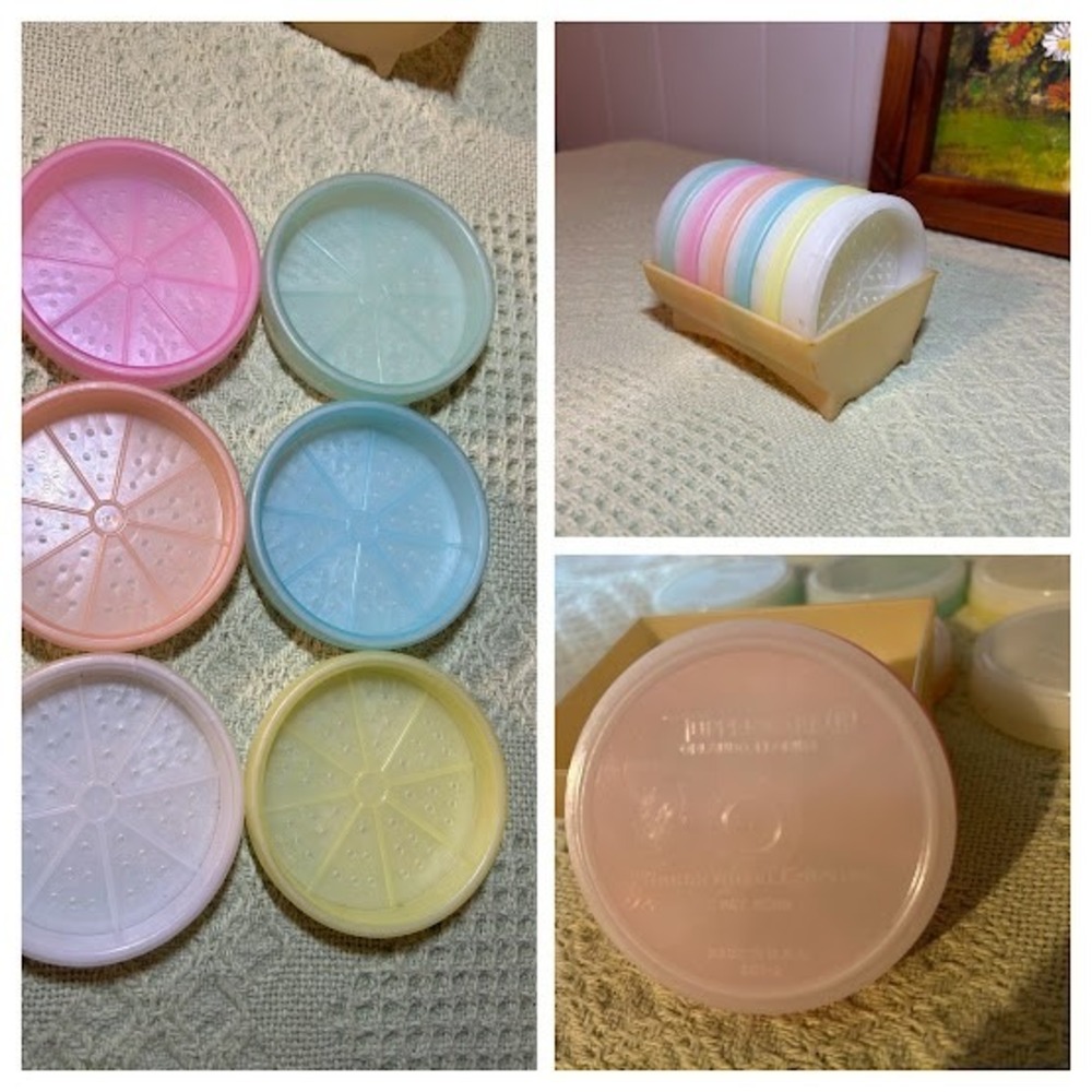Vintage Tupperware Wheel Container Coasters Set Pastel Rainbow Colors w/ Holder